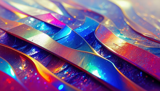 Vibrant holographic ribbons reflecting swirling rainbow light create a dynamic abstract surface filled with shimmering colors and glossy textures in vivid motion.