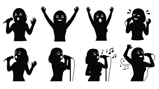 Black female singer silhouettes performing with microphones, hands raised in various expressive poses, a flat vector, isolated on white background