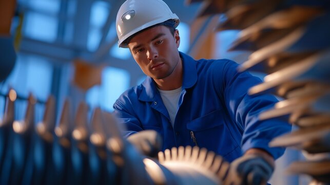 A wind turbine technician examining the massive generator motor inside a turbine tower, LED headlamp casting long shadows across its internal coils — renewable energy engineering, large-scale