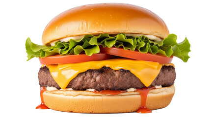 Delicious cheeseburger with fresh toppings including lettuce tomato and cheese perfect for fast food restaurants and culinary promotions on transparent background