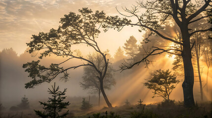 Naklejka premium Sunlight rays beaming through misty forest trees at dawn