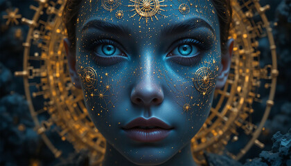 A woman with striking blue eyes and shimmering gold makeup, showcasing a bold and glamorous look