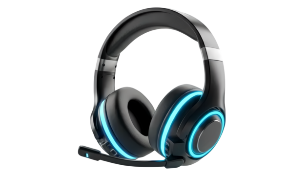 Gaming headset with microphone and blue neon light, ideal for product mockup or catalog