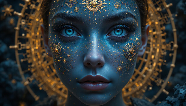A woman with striking blue eyes and shimmering gold makeup, showcasing a bold and glamorous look