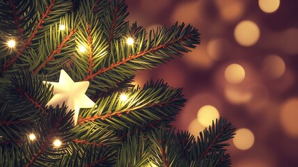 Close-Up of Christmas Tree Branch with Glowing Star Ornament and Warm Festive Lights
