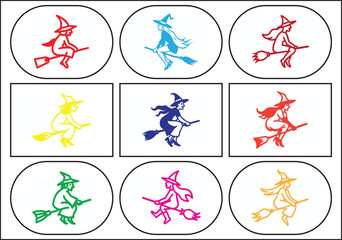 Collection of nine stylized witch silhouettes riding broomsticks in a grid layout perfect for halloween themes