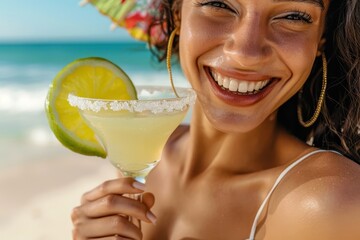 Close-up portrait of a beautiful young woman smiling brightly, holding a salted Margarita cocktail with a lime slice against a vibrant turquoise tropical beach background.