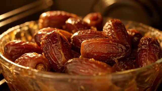 Close-up of shiny, brown dates in glass bowl under warm light.
