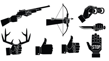 Obraz premium Flat vector hands holding hunting rifle, bow, binoculars, knife, antlers, thumbs up, and stop sign gesture., isolated on white background
