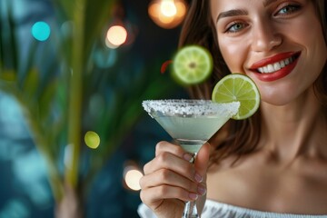 Happy young woman with red lipstick smiling and holding a refreshing Margarita cocktail with lime and salt rim against a vibrant bokeh nightlife background.
