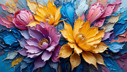 A colorful floral painting showcasing a blue and yellow center among the blossoms