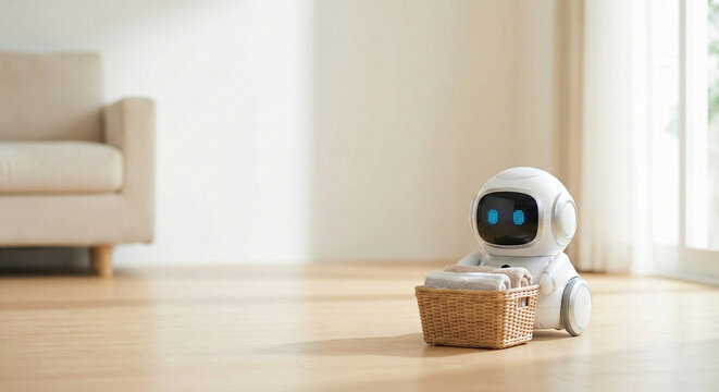 A small white domestic assistant robot with blue digital eyes holds a wicker basket in a modern, minimalist living room.