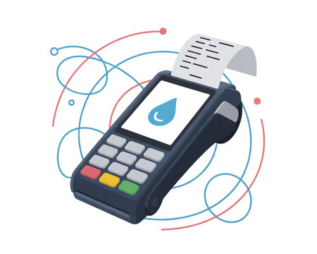 Modern payment terminal with digital currency symbol and abstract lines