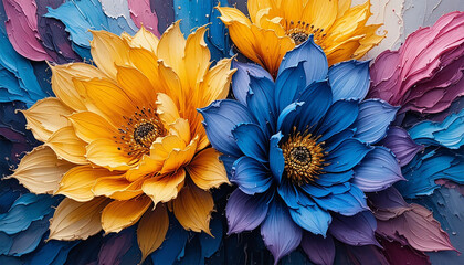 A vibrant painting of colorful flowers featuring a striking blue and yellow center