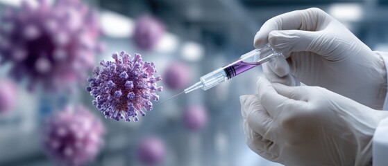 Medical professional prepares vaccine syringe near a virus model in a laboratory setting during pandemic research