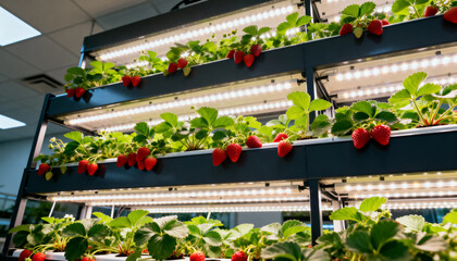strawberry plants growing under led lights on indoor vertical farm in urban environment