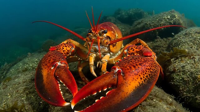 Close-up view of a vibrant orange lobster with large claws in its natural underwater habitat