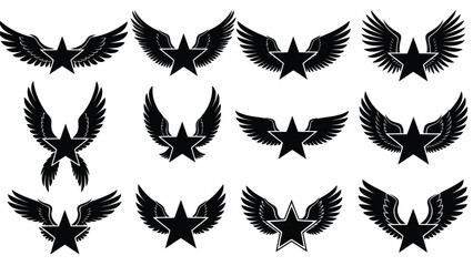 Collection of black star emblems with various stylized wing designs, symbolizing freedom, success, and military honor,, isolated on white background