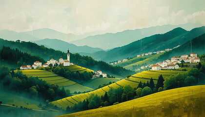 A picturesque village nestled in the mountains, showcasing charming houses and vibrant nature in a tranquil setting