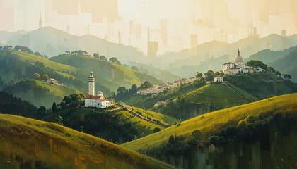 A serene painting depicting a mountain village surrounded by lush greenery and towering peaks in the background