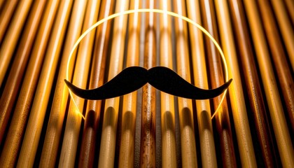 Golden glowing mustache emblem illuminated by warm vertical light beams creating a festive masculine symbol with rich metallic reflections and radiant atmosphere