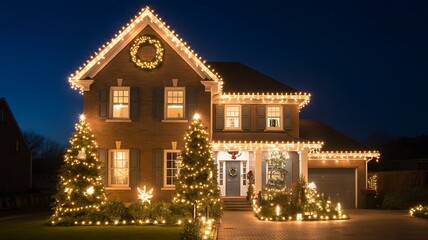 Beautiful House Decorated with Warm Christmas Lights Trees and Wreath for Festive Holiday Night Display
