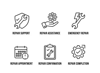 Repair Support Repair Assistance Emergency Repair Repair Appointment Repair Confirmation Icon Set