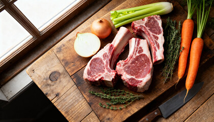 fresh uncooked ribeye steaks with vegetables on wooden board near kitchen window