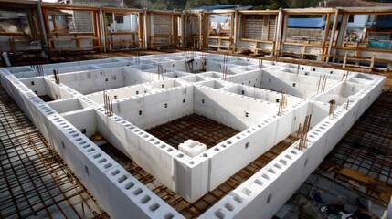 Fototapeta premium Construction site showing a foundation layout with concrete blocks in a residential area during daylight hours