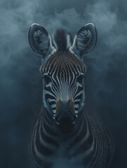Naklejka premium Mysterious zebra portrait emerging from misty shadows.