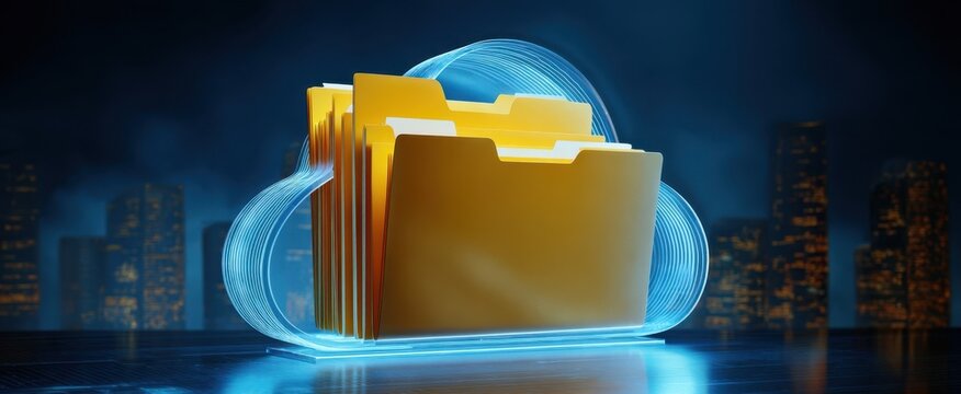 The Cloud Folder Composed Of Golden File Folders Surrounded By Neon Aura