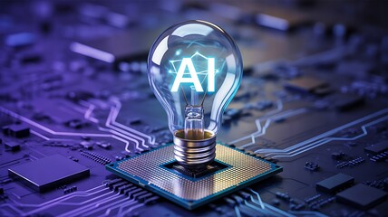 Artificial Intelligence Concept with Light Bulb on Microchip
