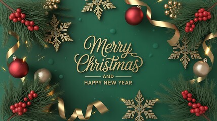 Elegant Merry Christmas and Happy New Year Greeting Card with Gold Snowflakes Ribbons and Festive Ornaments
