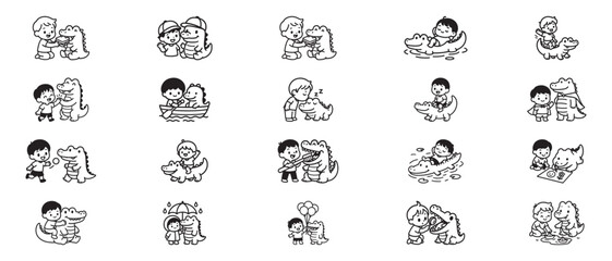 Playful Crocodile and Child Illustrations Collection Keywords: crocodile, alligator, child, boy