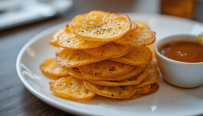 stacked potato chips on white plate with some tomato sauce.