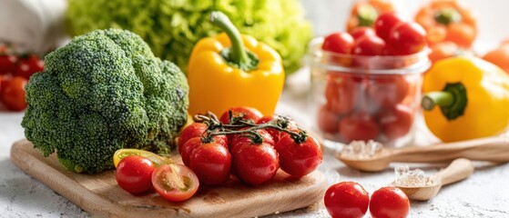 The Cherry Tomatoes on a Rustic Cutting Board with Broccoli and Bell Peppers
