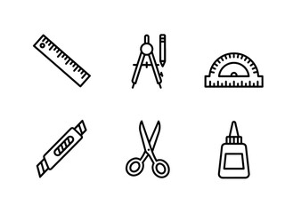 Fototapeta premium Ruler Compass Protractor Cutting Knife Scissors Glue Minimal Bold Line Icon Set