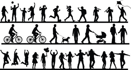 Human activity silhouette set, people playing, walking, dancing, cycling, social interaction, outdoor leisure illustration, lifestyle concept, flat vector