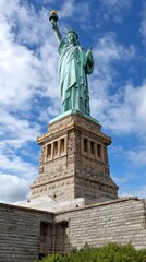 Fototapeta premium Statue of Liberty standing tall against a bright blue sky on a sunny day in New York City