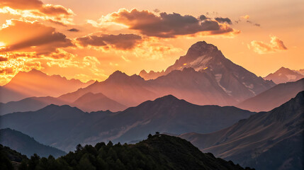 Majestic mountain range silhouette at dramatic sunset