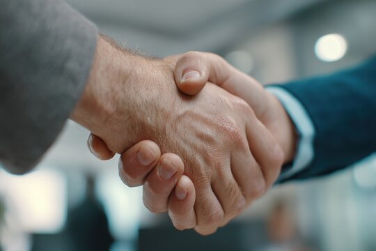 Businessman greeting another with a handshake inside a modern office setting during a daytime meeting with colleagues present in the background