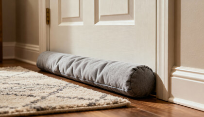 gray draft stopper blocking cold air under interior door in cozy home setting
