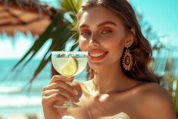 Glamorous woman smiling brightly while holding a refreshing lime cocktail (Margarita) at a luxury tropical resort bar against a vibrant turquoise background on a sunny day.