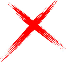 A bold red x mark painted with rough brushstrokes on black background