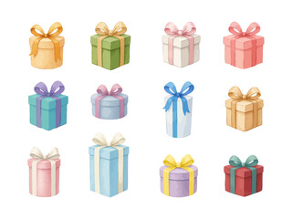 Watercolor gift boxes with ribbons in various shapes and colors. Perfect for holiday designs, invitations, greeting cards, posters, and festive illustrations.