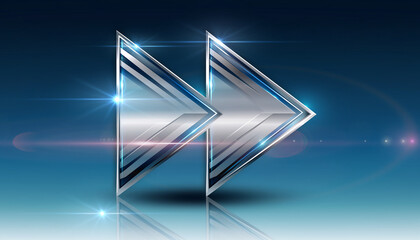 Forward Motion: A contemporary visual representation of fast forward, featuring metallic, arrow-like symbols on a gradient blue background, conveying a sense of progress, speed, and advancement.