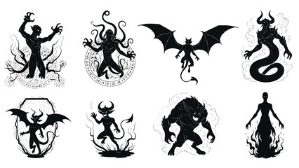 Obraz premium Menacing dark fantasy creatures and mythical monsters, featuring horned devils, winged demons, tentacled beasts, and, isolated on white background