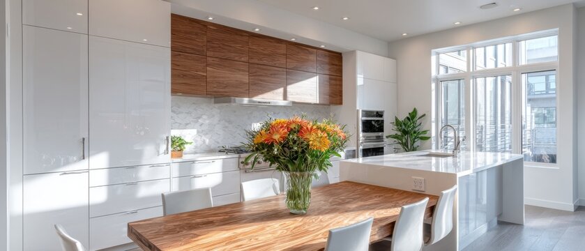 Bright modern kitchen and dining interior with wooden accents, large windows and fresh flowers