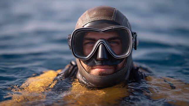 Close up portrait of a diver in a wetsuit and mask emerging from blue ocean water