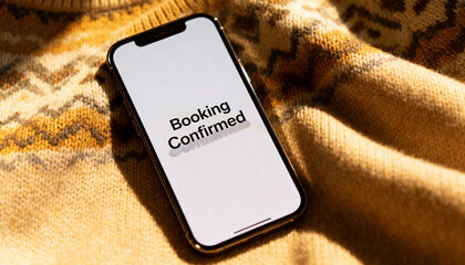 smartphone displaying booking confirmation message on warm knitted sweater